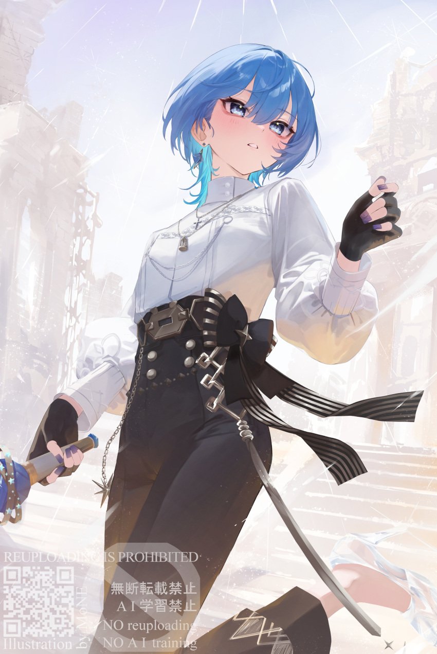 1girl, absurdres, black_gloves, black_pants, blue_eyes, blue_hair, blurry, blush
