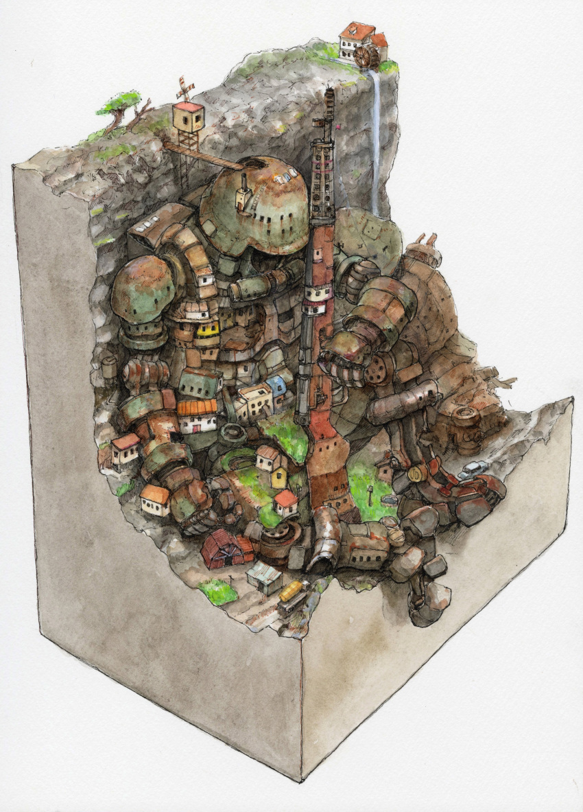 absurdres, diorama, drying, drying_clothes, gun, helmet, highres, mechanical_arms