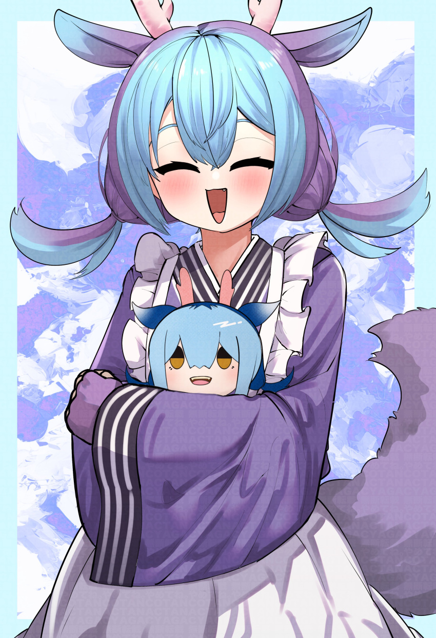 1girl, absurdres, apron, blue_hair, character_doll, closed_eyes, cotan_(actancyaga), cowboy_shot, dragon_girl, dragon_horns, dragon_tail, duel_monster, highres, horns, hugging_doll, hugging_object, laundry_dragonmaid, looking_at_viewer, maid, maid_apron, smile, solo, tail, wa_maid, yu-gi-oh!