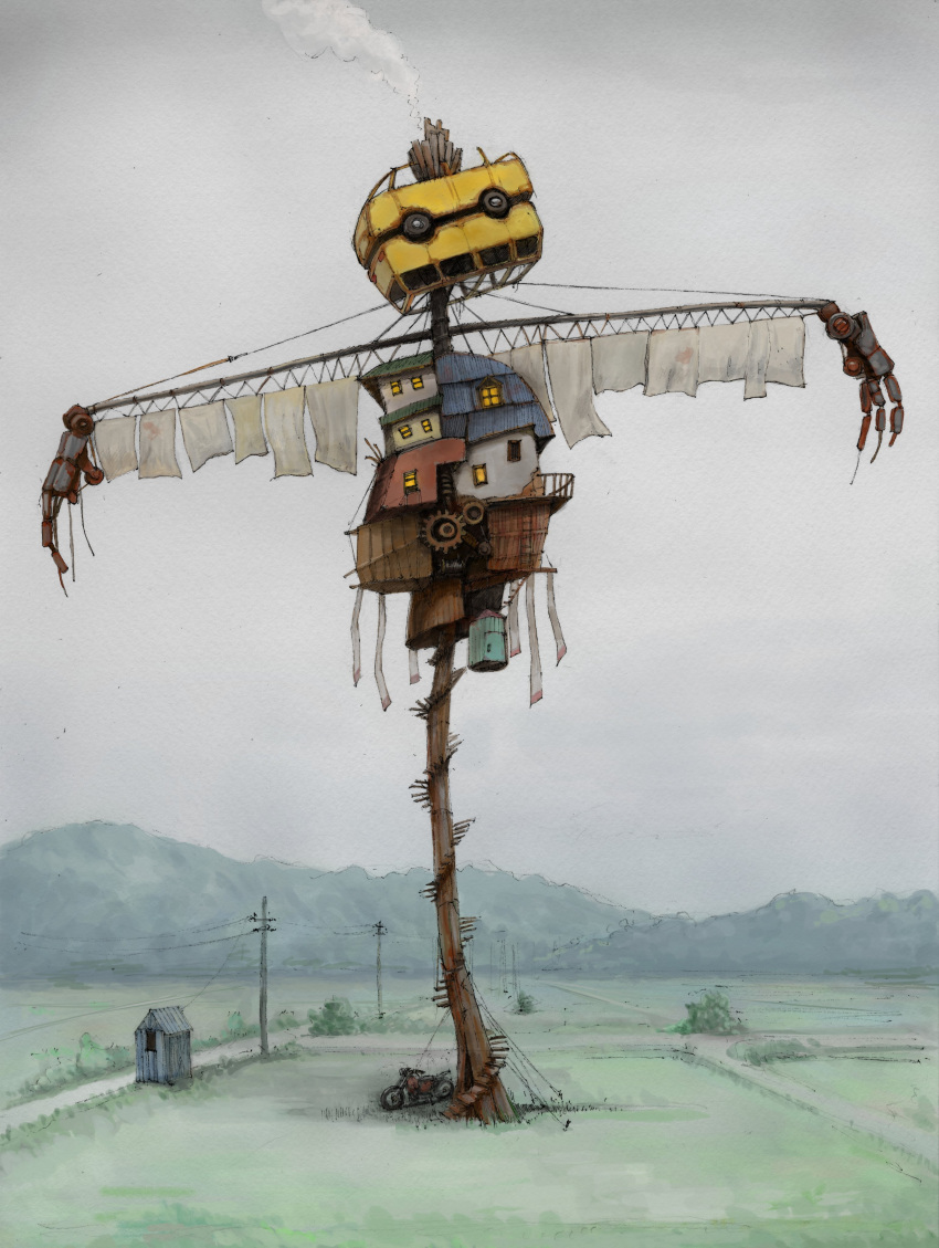 absurdres, dirt_road, field, gears, highres, house, motor_vehicle, motorcycle