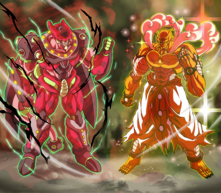 1boy, 1other, alternate_form, antennae, arm_up, armor, artist_name, aura