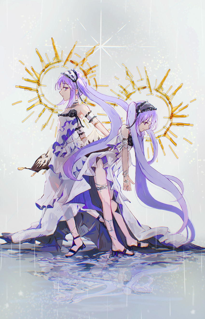 2girls, absurdres, anohito_(amaruno110), armlet, bare_shoulders, black_footwear, black_hairband, commentary_request