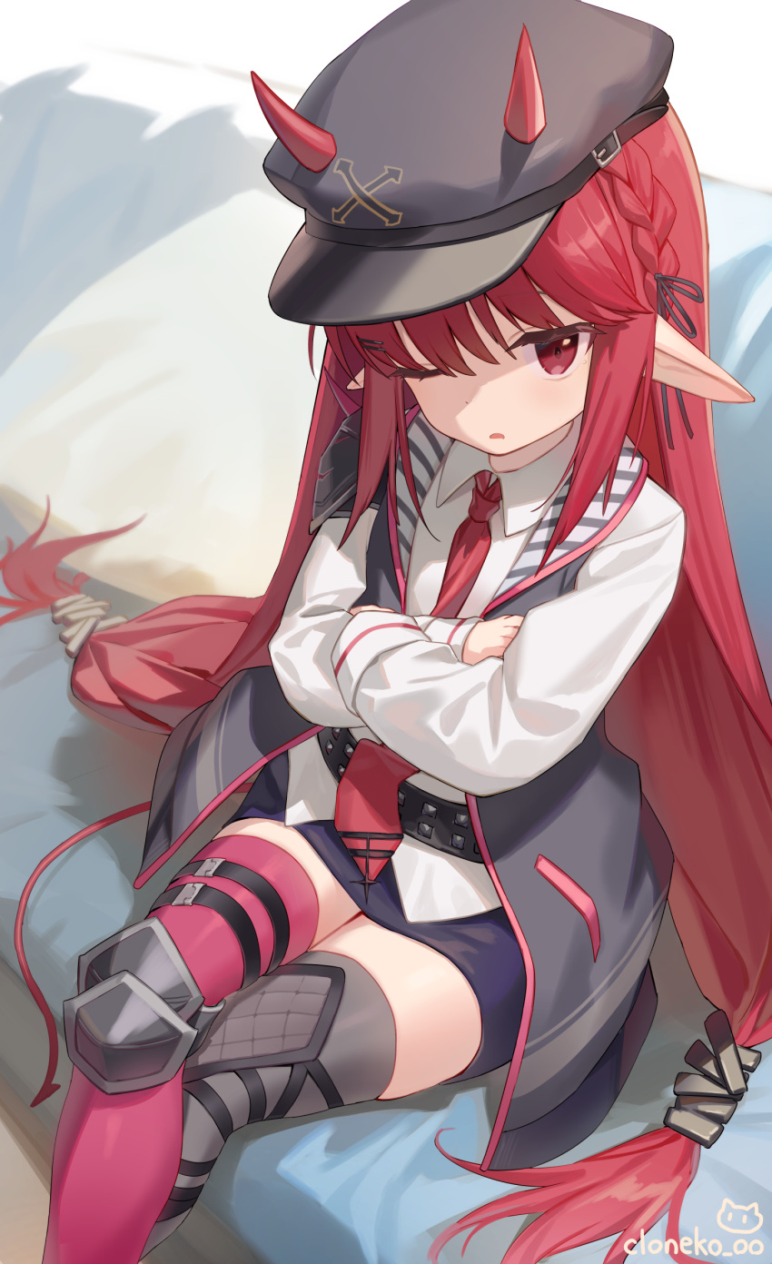 1girl, absurdres, arknights, artist_name, asymmetrical_legwear, black_hat, black_jacket, black_skirt, cloneko_(zelmeledf2), collared_shirt, crossed_arms, crossed_legs, hat, highres, horns, jacket, long_hair, long_sleeves, looking_at_viewer, low-tied_long_hair, miniskirt, mismatched_legwear, necktie, one_eye_closed, parted_lips, peaked_cap, pencil_skirt, pointy_ears, red_necktie, redhead, shirt, signature, skirt, sleeveless, sleeveless_jacket, solo, twintails, very_long_hair, vigna_(arknights), white_shirt