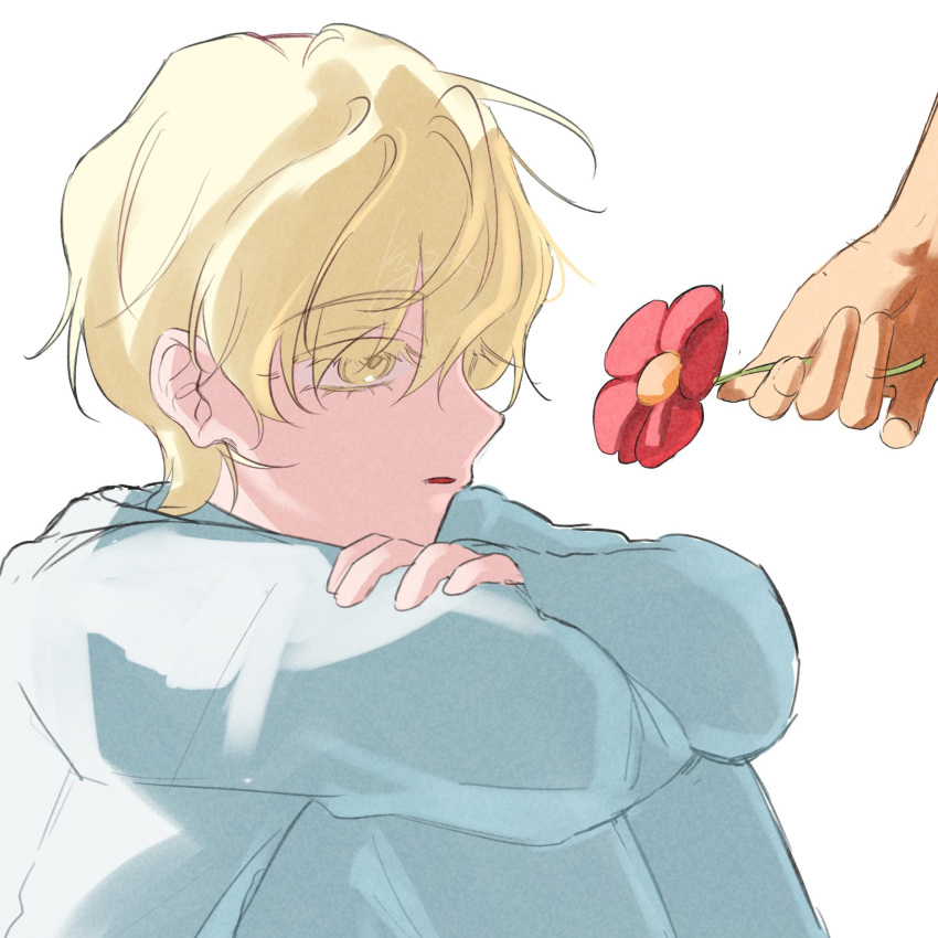 1boy, 1girl, alien_stage, arms_on_knees, blonde_hair, colored_eyelashes, dark_skin, flower, giving_flower, highres, holding, holding_flower, hyuna_(alien_stage), knees_up, kyon_(zmwh8222), luka_(alien_stage), male_focus, out_of_frame, pants, red_flower, shirt, short_hair, simple_background, sitting, solo_focus, white_background, white_pants, white_shirt, yellow_eyes