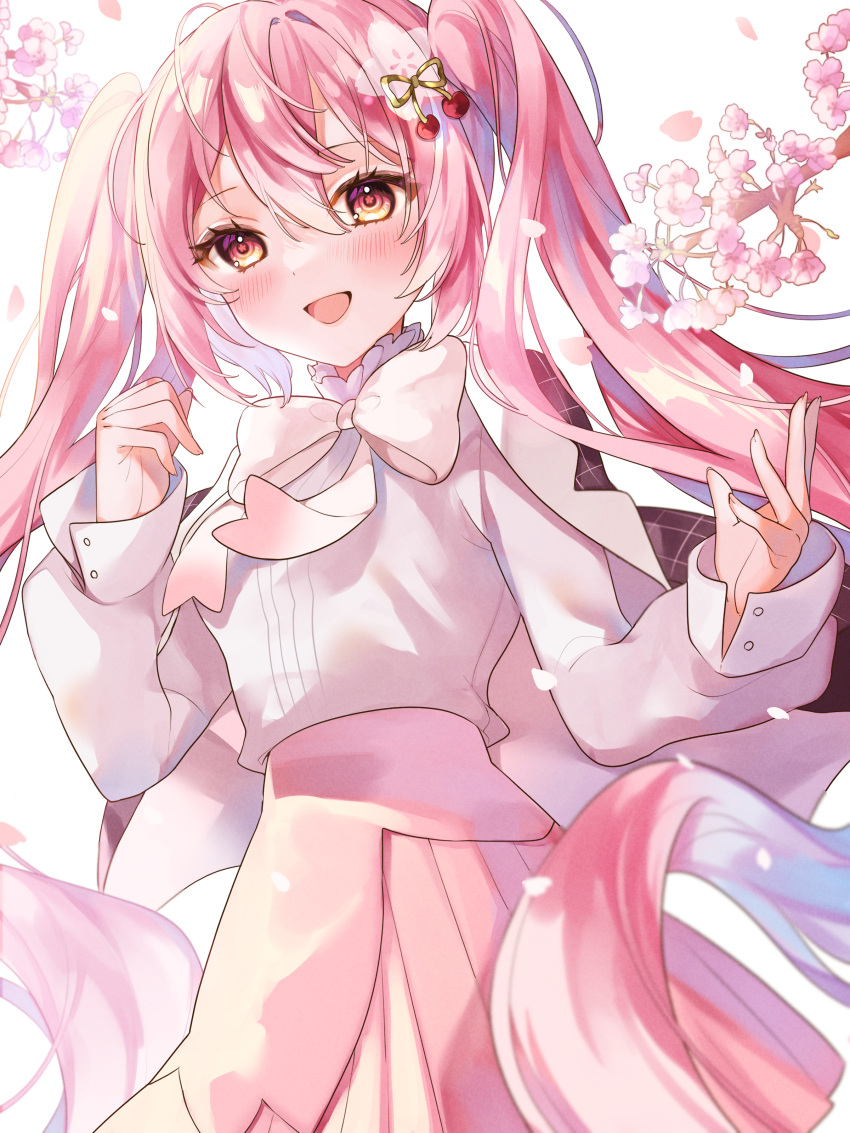 1girl, :d, absurdres, akigashi_i, blush, bow, bowtie, bright_pupils, cherry_blossoms, cherry_hair_ornament, commentary_request, double-parted_bangs, fingernails, flower-shaped_pupils, food-themed_hair_ornament, from_below, hair_between_eyes, hair_ornament, hatsune_miku, highres, long_hair, long_sleeves, looking_at_viewer, open_mouth, orange_eyes, pink_petals, pink_skirt, puffy_long_sleeves, puffy_sleeves, sakura_miku, sakura_miku_(rella), shirt, shirt_tucked_in, sidelighting, simple_background, skirt, smile, solo, symbol-shaped_pupils, twintails, upper_body, very_long_hair, vocaloid, white_background, white_bow, white_bowtie, white_shirt