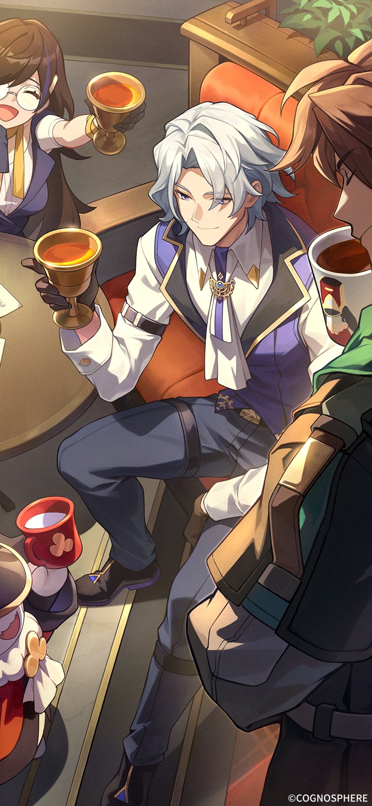 1girl, 1other, 2boys, arm_belt, ascot, astral_express_(honkai:_star_rail), belt, black_belt