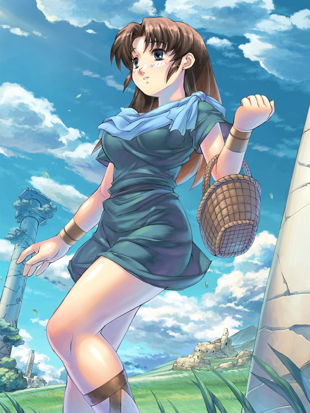 basket, blue_eyes, brown_hair, cloud, clouds, falcom, grass, lilia