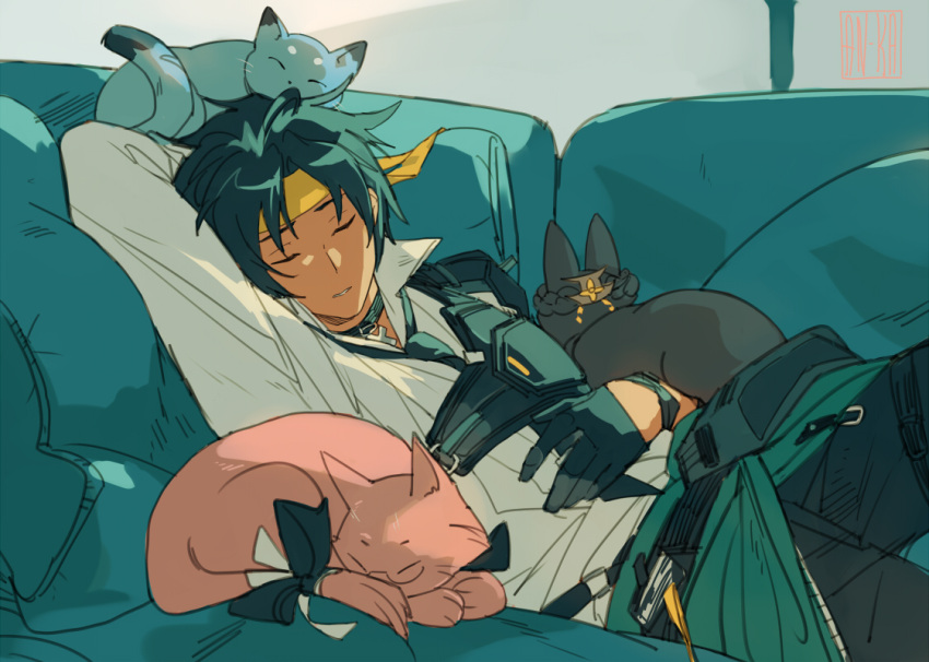 1boy, arm_up, asaba_harumasa, black_cat, black_gloves, black_hair, blue_cat, cat