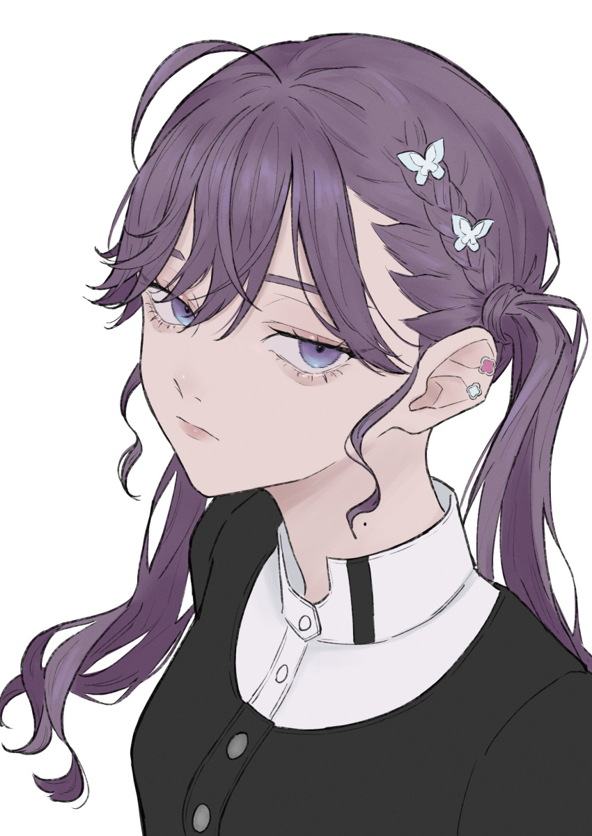 1girl, absurdres, aegyo_sal, ahoge, bags_under_eyes, black_jacket, braid, butterfly_hair_ornament