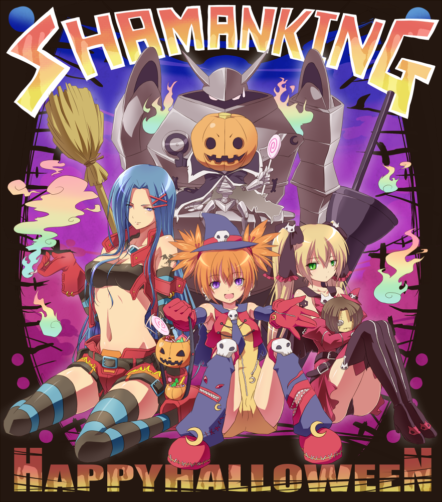 3girls, arai_nobu, bad_id, blonde_hair, blue_hair, halloween, happy_halloween, kanna_bismarch