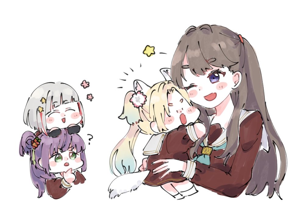 4girls, :o, ;d, ?, ^_^, animal_ears, aqua_neckerchief, black_gloves