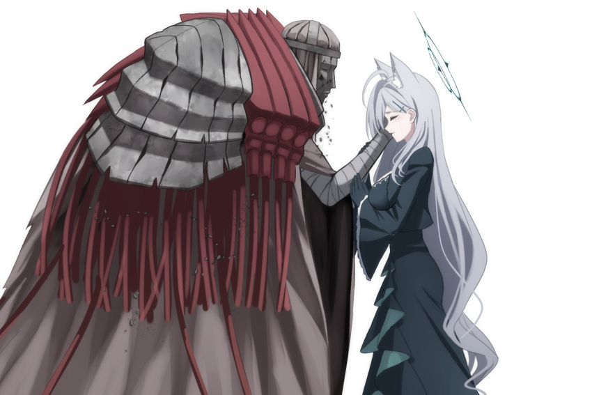 1boy, 1girl, animal_ear_fluff, animal_ears, armor, bandaged_arm, bandages, black_dress