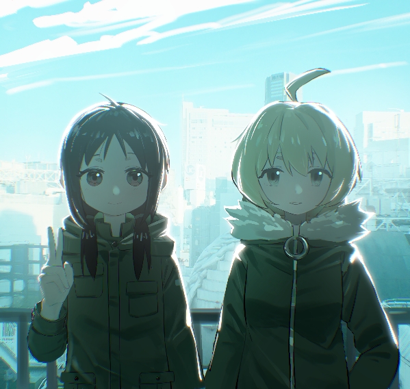 2girls, ahoge, backlighting, black_eyes, black_hair, blonde_hair, blue_sky, chito_(shoujo_shuumatsu_ryokou), coat, commentary, fur_trim, green_coat, hood, hood_down, jacket, kino_(user_scft3885), long_hair, long_sleeves, looking_at_viewer, low_twintails, military_uniform, multiple_girls, outdoors, short_eyebrows, shoujo_shuumatsu_ryokou, sky, smile, twintails, upper_body, v, yuuri_(shoujo_shuumatsu_ryokou)