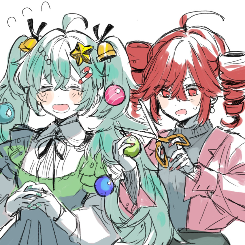 2girls, absurdres, ahoge, blue_hair, candy_cane_hair_ornament, christmas_ornaments, christmas_ornaments_in_hair, drill_hair, food-themed_hair_ornament, hair_ornament, hatsune_miku, highres, iwashi_(wawaisi_iwasi), kasane_teto, long_hair, messy_hair, multiple_girls, red_eyes, redhead, simple_background, star_(symbol), star_hair_ornament, twin_drills, twintails, upper_body, utau, very_long_hair, vocaloid, white_background