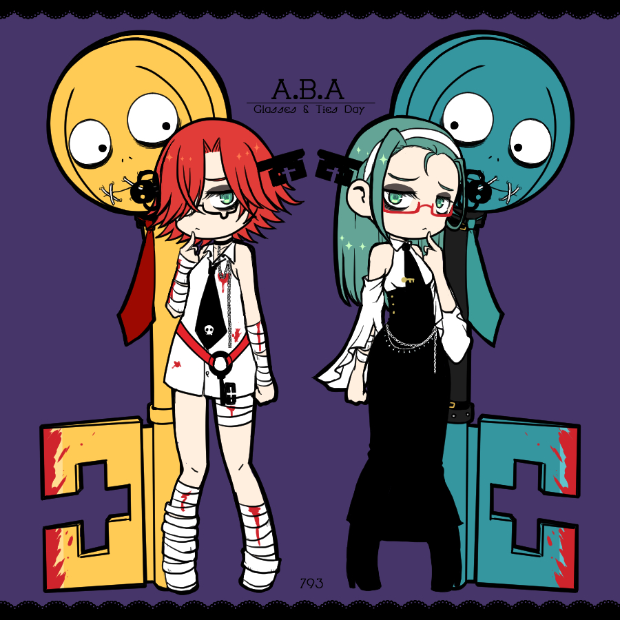 2girls, 793_(oo793oo), a.b.a, aqua_eyes, aqua_hair, black_necktie, black_skirt, closed_mouth, collared_shirt, dress, dual_persona, full_body, glasses, guilty_gear, guilty_gear_strive, guilty_gear_xx, hairband, high-waist_skirt, long_hair, looking_at_viewer, multiple_girls, necktie, paracelsus_(guilty_gear), parted_bangs, purple_background, red-framed_eyewear, redhead, shirt, short_hair, simple_background, skirt, white_dress, white_hairband, white_shirt