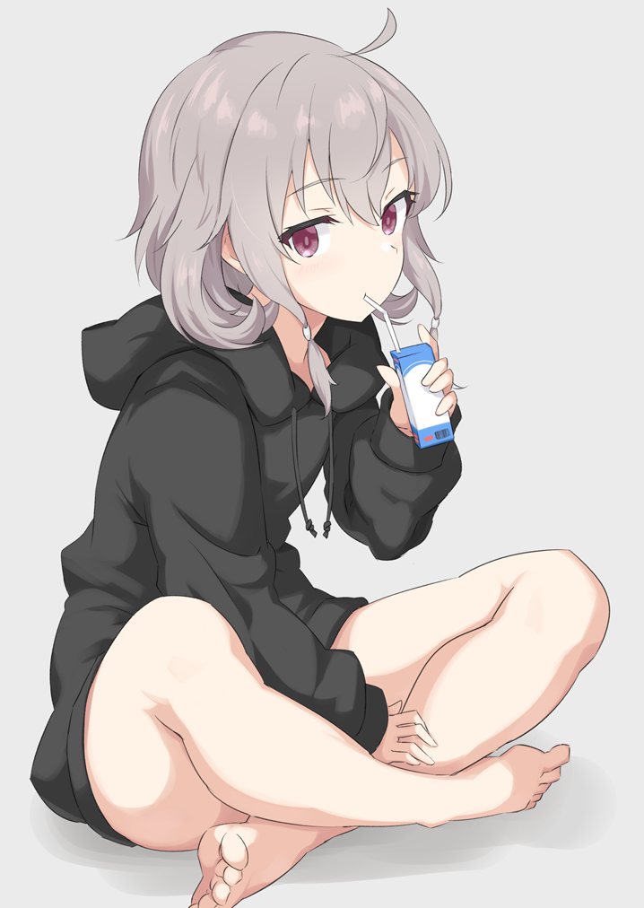 1girl, ahoge, bare_legs, barefoot, black_hoodie, commentary_request, drink, drinking_straw, feet, full_body, grey_hair, hair_between_eyes, holding, holding_drink, hood, hood_down, hoodie, indian_style, long_sleeves, looking_at_viewer, milk_carton, pera, shichinosato_kofuki, short_hair, simple_background, sitting, solo, toji_no_miko, violet_eyes, white_background