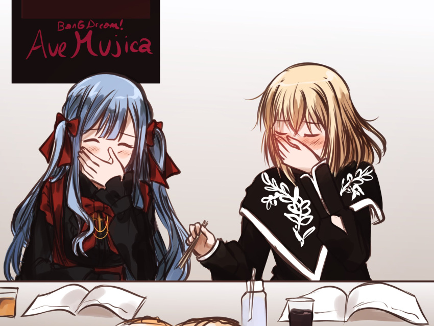 2girls, bang_dream!, bang_dream!_it's_mygo!!!!!, black_capelet, black_dress, blonde_hair, blue_hair, blush