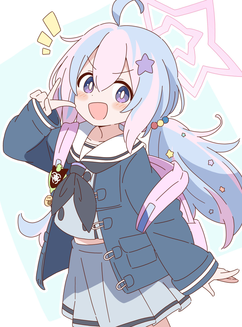 1girl, :d, absurdres, ahoge, black_neckerchief, blue_archive, blue_hair, blue_jacket, blush, commentary, cowboy_shot, dot_nose, grey_serafuku, grey_shirt, grey_skirt, hair_ornament, halo, hand_up, highres, jacket, long_hair, long_sleeves, multicolored_hair, neckerchief, notice_lines, open_clothes, open_jacket, open_mouth, pink_hair, pink_halo, pleated_skirt, ponytail, reisa_(blue_archive), sailor_collar, school_uniform, serafuku, shirt, skirt, smile, solo, star_(symbol), star_hair_ornament, star_halo, twintails, two-tone_hair, v, v-shaped_eyebrows, white_sailor_collar, zungurimukkuri_tarou