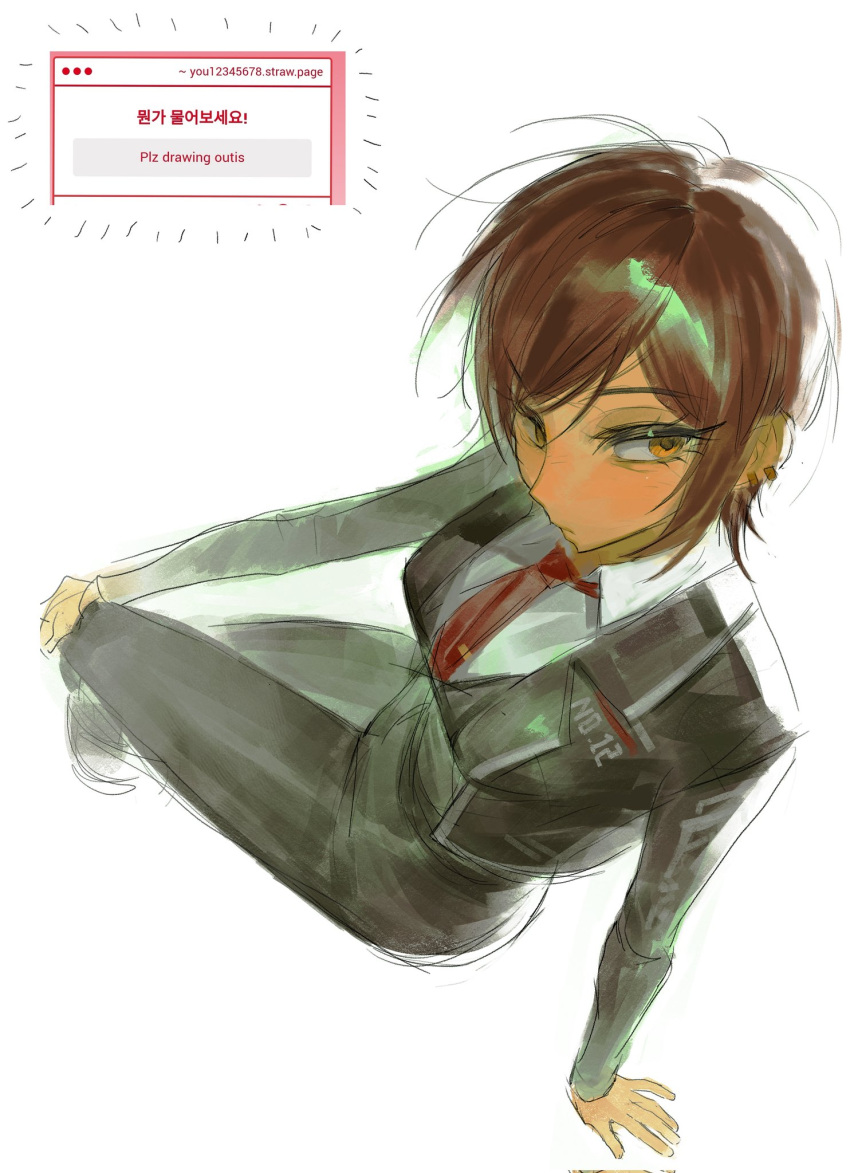 1girl, black_jacket, black_pants, brown_hair, closed_mouth, collared_shirt, dark-skinned_female, dark_skin