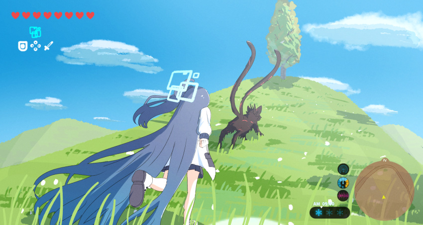 1girl, aris_(blue_archive), blue_archive, blue_hair, fake_screenshot, fox, highres, hill