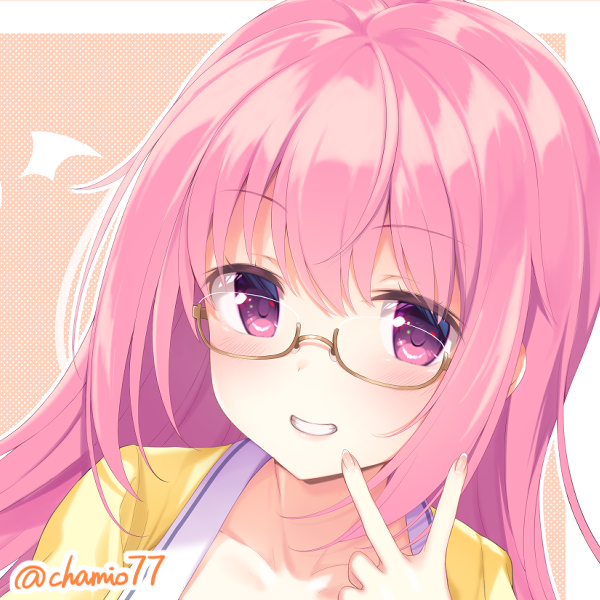1girl, :d, anneliese, bespectacled, blush, chaamii, close-up, collarbone