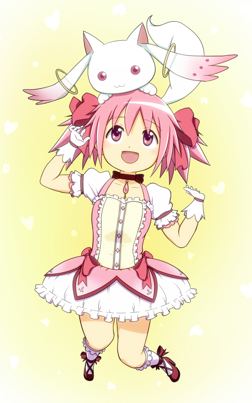 blush, bow, bubble_skirt, dress, gloves, hair_bow, kaname_madoka, kyubey