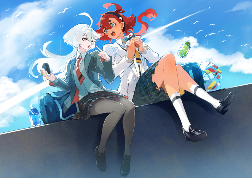 2girls, :d, :o, ahoge, bag, black_footwear, black_hairband, blue_sky, bottle, clouds, cloudy_sky, collared_shirt, dark-skinned_female, dark_skin, day, food, food_on_face, green_jacket, green_skirt, grey_eyes, grey_pantyhose, gundam, gundam_suisei_no_majo, gundam_suisei_no_majo:_seishun_frontier, hair_between_eyes, hairband, holding, holding_food, jacket, knees_together_feet_apart, loafers, long_hair, long_sleeves, looking_at_another, low_ponytail, manbou_no_ane, miorine_rembran, multiple_girls, necktie, official_art, onigiri, open_clothes, open_jacket, open_mouth, outdoors, pantyhose, plaid_clothes, plaid_skirt, plastic_bag, pleated_skirt, red_necktie, redhead, rice, rice_on_face, school_bag, school_uniform, shirt, shoes, sitting, skirt, sky, smile, socks, suletta_mercury, teeth, upper_teeth_only, water_bottle, white_hair, white_jacket, white_shirt, white_socks, wing_collar, yellow_necktie