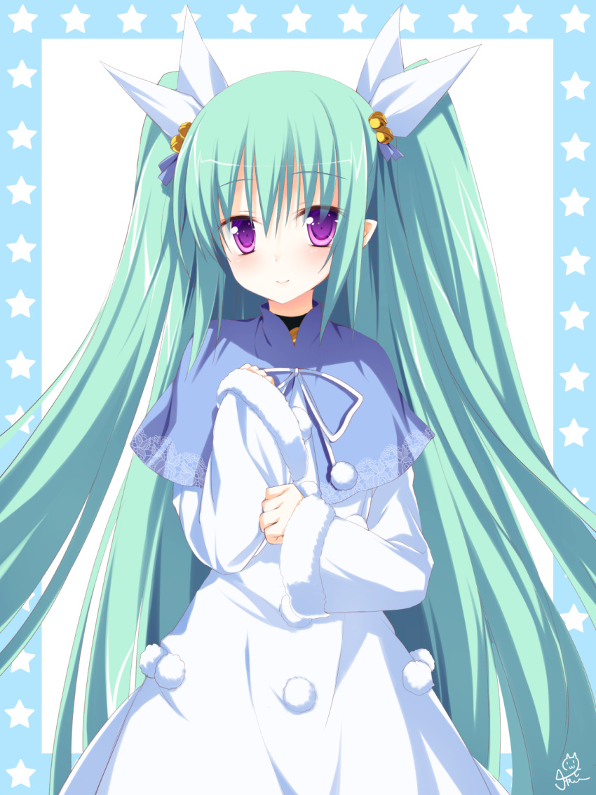 1girl, bell, blue_border, blue_capelet, blush, border, capelet, chaamii, clenched_hands, closed_mouth, coat, commentary_request, cowboy_shot, ezekiel_(osananajimi_wa_daitouryou), floral_print, floral_print_capelet, fur-trimmed_sleeves, fur_trim, green_hair, hair_bell, hair_between_eyes, hair_ornament, hair_ribbon, hands_up, highres, jingle_bell, long_hair, long_sleeves, osananajimi_wa_daitouryou, outside_border, pointy_ears, pom_pom_(clothes), print_capelet, ribbon, signature, simple_background, smile, solo, star_(symbol), straight_hair, two_side_up, very_long_hair, violet_eyes, white_background, white_coat, white_ribbon, wide_sleeves, winter_clothes