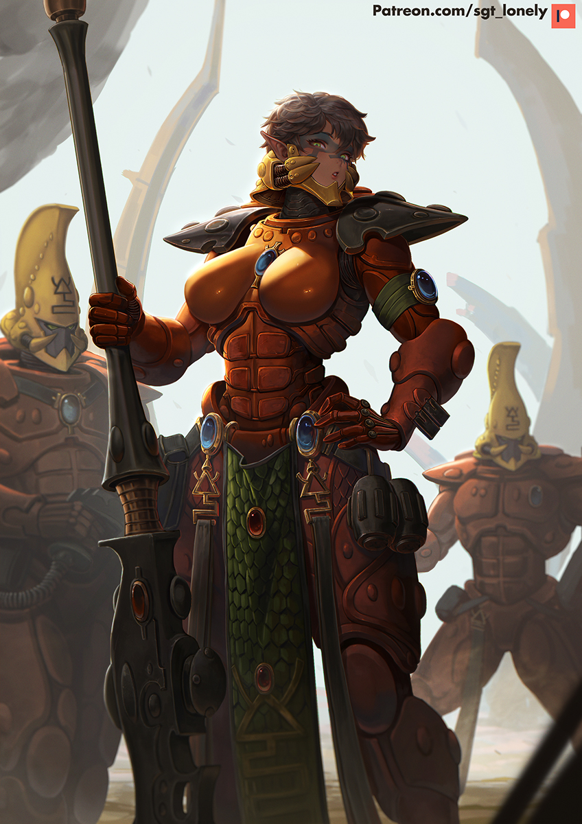 1girl, 2boys, armor, black_hair, crest, eldar, explosive, facial_tattoo