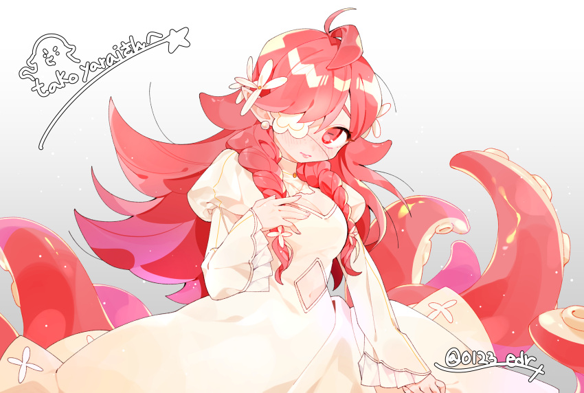 1girl, absurdres, antenna_hair, artist_name, blush, braid, braided_sidelock, breasts, cephalopod_eyes, closed_mouth, clothing_cutout, collar, commission, commissioner_name, cowboy_shot, deformed, detached_collar, diamond_cutout, dress, earrings, eyepatch, flipped_hair, flower, flower_eyepatch, freckles, furrowed_brow, gown, gradient_background, grey_background, hair_flower, hair_ornament, hand_on_own_chest, hand_up, highres, jewelry, juliet_sleeves, kkyu_kyu, light_particles, lipgloss, long_dress, long_hair, long_sleeves, looking_at_viewer, medium_breasts, monster_girl, navel, navel_cutout, pearl_earrings, pink_eyes, pink_hair, pointy_ears, puffy_sleeves, second-party_source, solo, swept_bangs, tentacle_legs, tentacles, twitter_username, two-tone_background, white_background, white_collar, white_dress, white_flower, yellow_dress