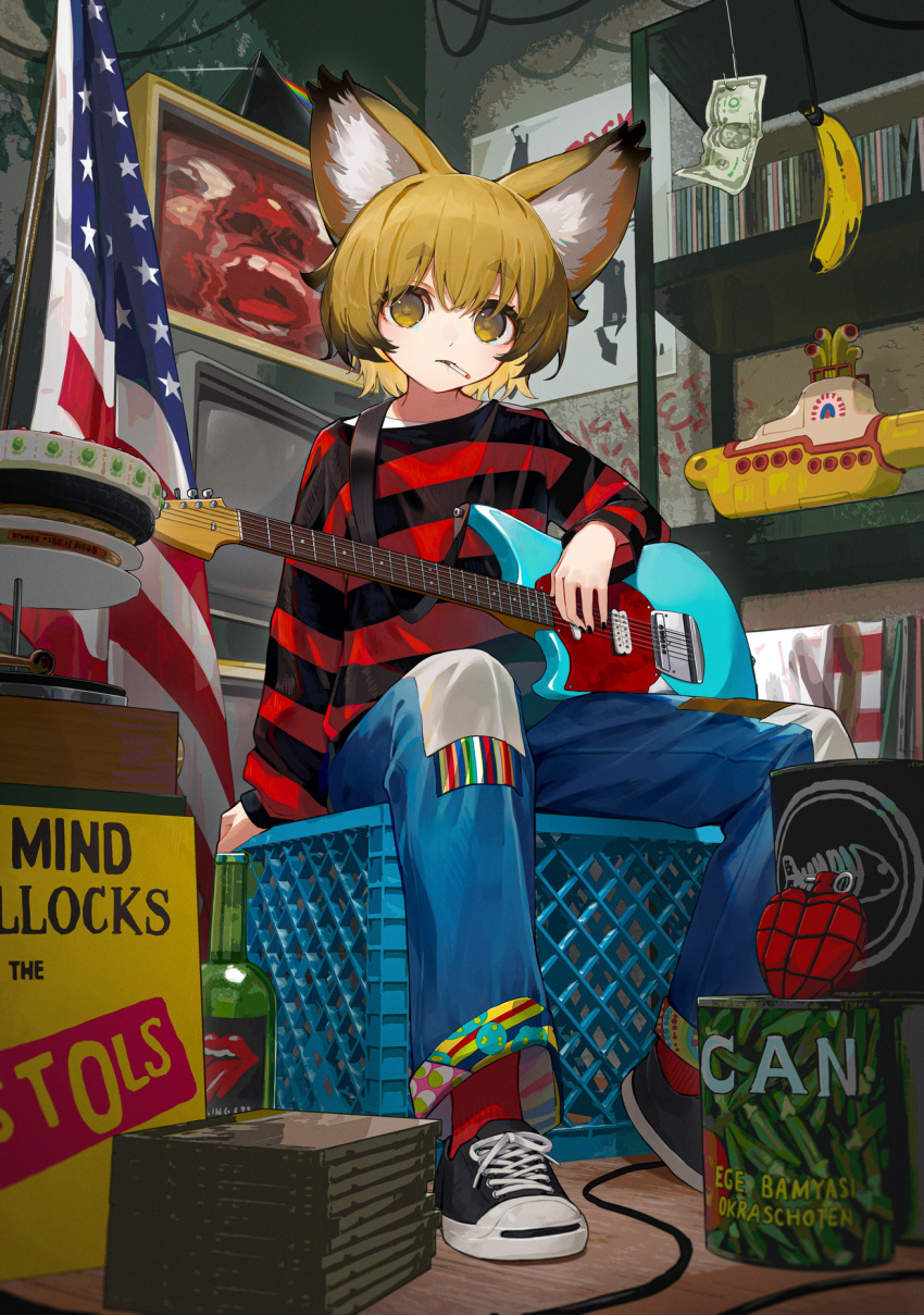 1girl, american_flag, animal_ears, arm_behind_back, black_footwear, black_shirt, blonde_hair, can