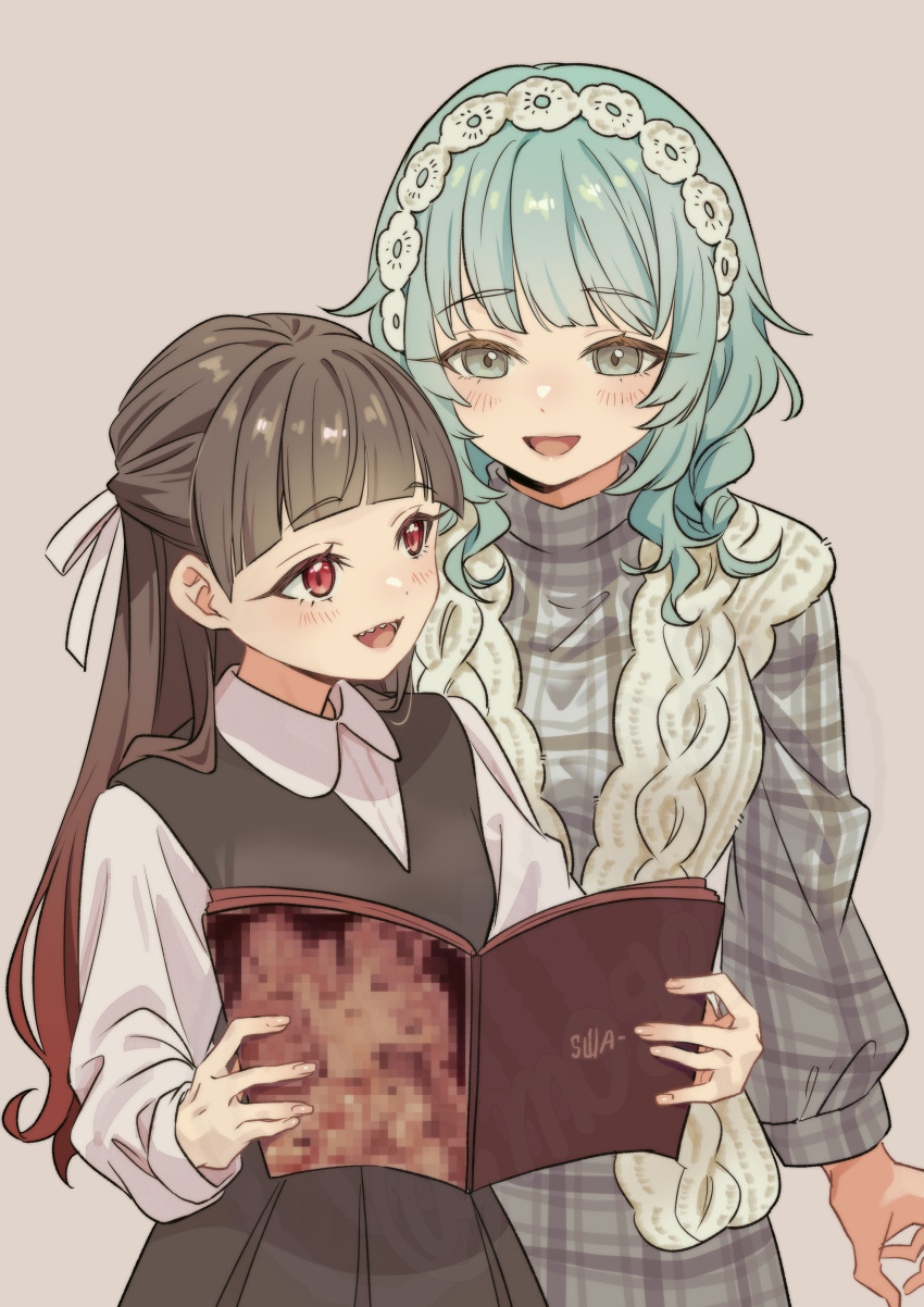 2girls, absurdres, aqua_hair, baio_rin, black_dress, book, breasts, brown_hair