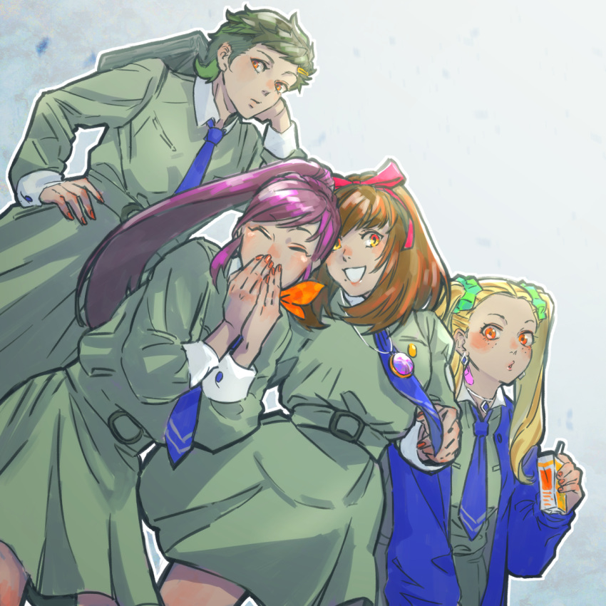 4girls, alternate_hair_color, ayase_yuka, bag, bandaid, bandaid_on_neck, belt, blonde_hair