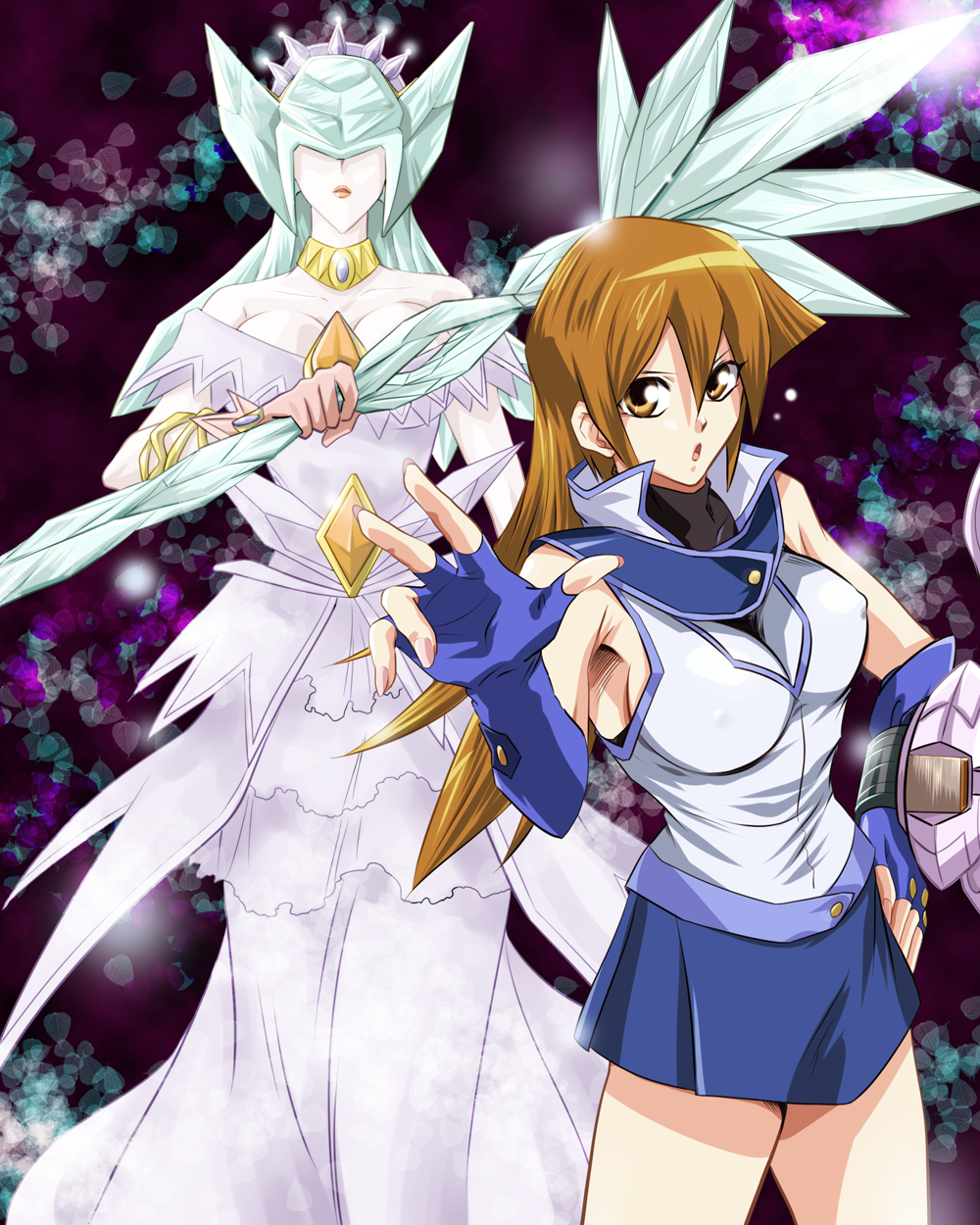 blonde_hair, breasts, brown_eyes, duel_disk, duel_monster, fingerless_gloves, gloves, highres