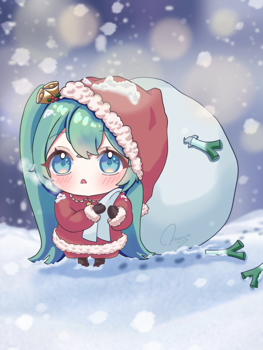 1girl, bell, blue_eyes, blue_hair, blush, breath, chibi, christmas