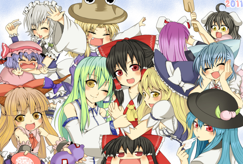 black_hair, blonde_hair, blood, blue_hair, blush, bow, braid, cirno, fang, food, fruit, gourd, green_hair, grey_hair, hakurei_reimu, hammer, hat, highres, hinanawi_tenshi, ibuki_suika, inaba_tewi, izayoi_sakuya, kirisame_marisa, kochiya_sanae, kurobane, mochi, moriya_suwako, nosebleed, peach, purple_hair, reisen_udongein_inaba, remilia_scarlet, ribbon, sake, tears, touhou, wagashi, yukkuri_reimu, yukkuri_shiteitte_ne