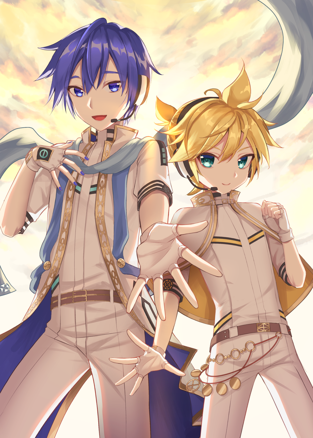 2boys, aroeruji3, backlighting, belt, blonde_hair, blue_eyes, blue_hair, blue_scarf, capelet, clouds, cloudy_sky, coat, commentary, erase_or_zero_(vocaloid), eraser_(module), fingerless_gloves, from_below, gloves, headphones, headset, highres, kagamine_len, kaito, kaito_(vocaloid), male_focus, multiple_boys, open_mouth, originator_(module), outdoors, pants, project_diva_(series), reaching, reaching_towards_viewer, scarf, shirt, short_hair, sky, smile, standing, vocaloid, white_capelet, white_coat, white_gloves, white_pants, white_shirt, yellow_sky