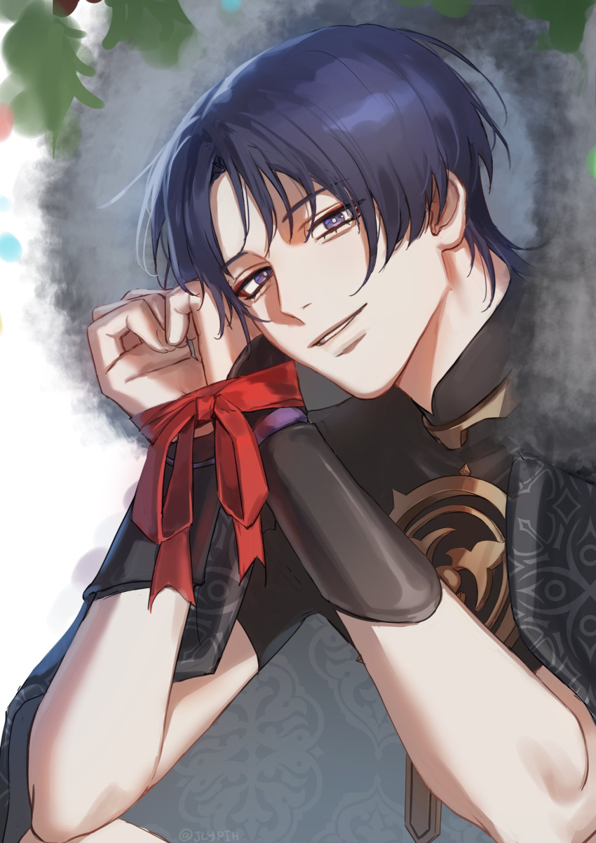 1boy, armor, black_hair, blunt_ends, bound, bound_wrists, bright_pupils, coat