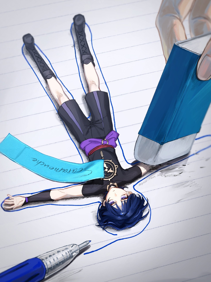 1boy, armor, black_footwear, black_shirt, black_shorts, black_sleeves, blue_hair, boots