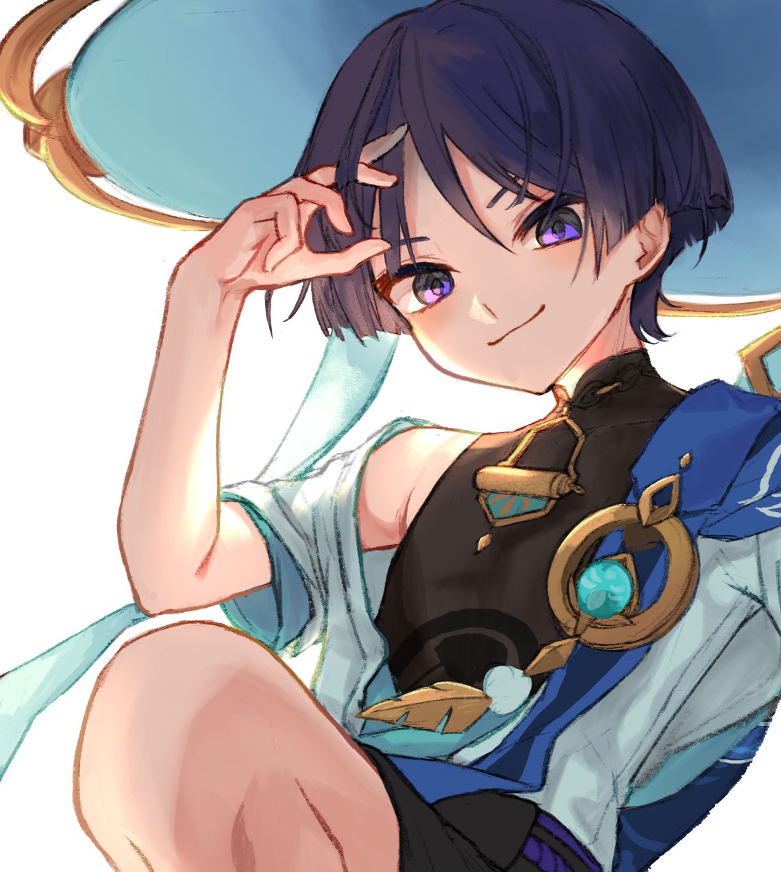 1boy, anemo_symbol_(genshin_impact), armpit_crease, belt, black_belt, black_bodysuit, black_bow, black_hair