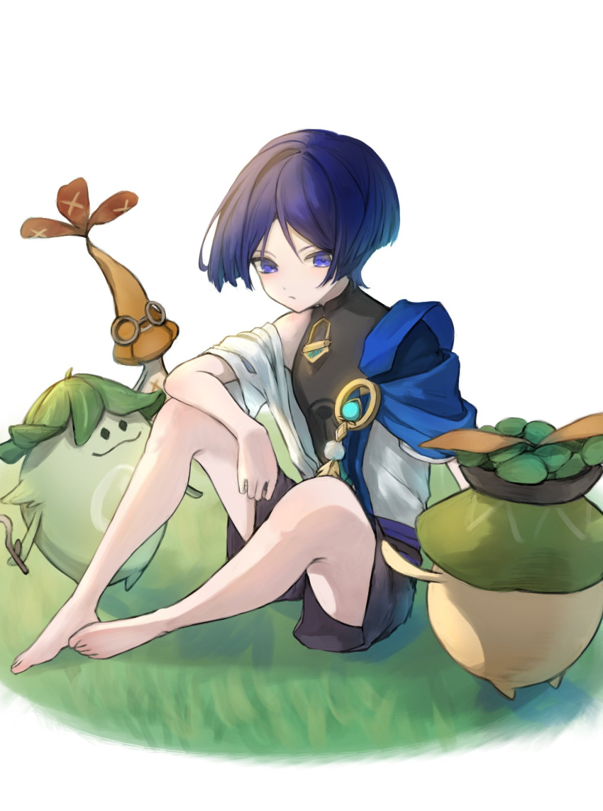 1boy, arabalika_(genshin_impact), aranara_(genshin_impact), arm_at_side, arm_on_knee, bare_legs, barefoot, black_bodysuit