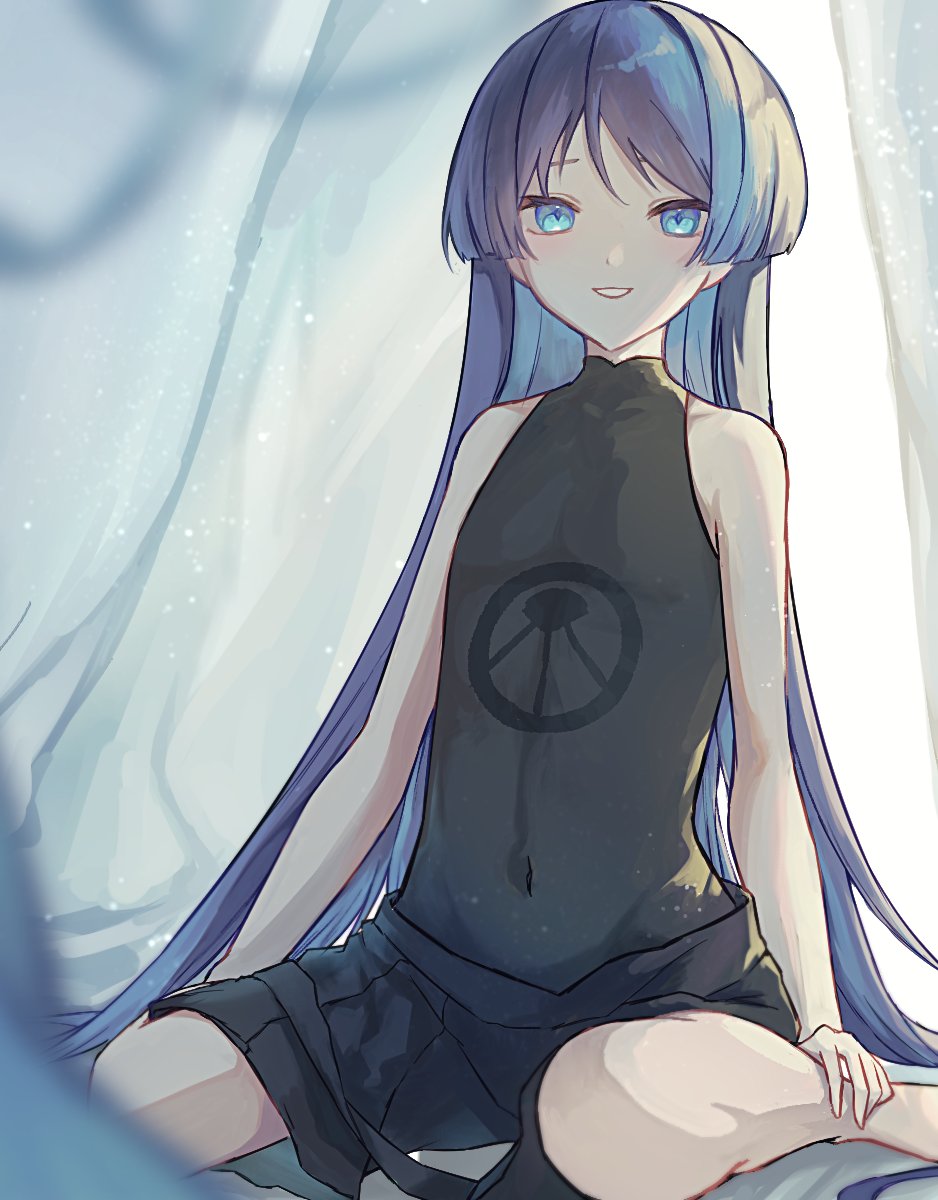 1boy, alternate_hair_length, alternate_hairstyle, androgynous, bare_legs, bare_shoulders, black_bodysuit, black_shorts, blue_eyes, blue_hair, blunt_ends, bodysuit, collarbone, colored_inner_hair, covered_navel, covered_pectorals, genshin_impact, hair_spread_out, hakama, hakama_shorts, hand_on_own_ankle, highres, japanese_clothes, kamimura_(moz29258939), long_hair, looking_at_viewer, male_focus, mandarin_collar, multicolored_hair, open_mouth, scaramouche_(genshin_impact), shorts, sitting, sleeveless, sleeveless_bodysuit, smile, solo, untied_shorts, very_long_hair, wanderer_(genshin_impact), wariza, white_mouth