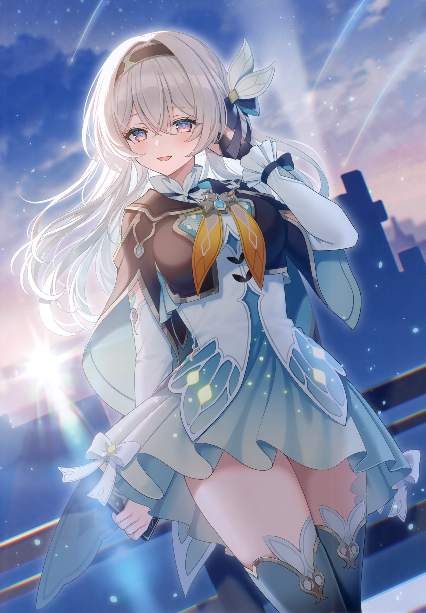 1girl, :d, absurdres, adjusting_hair, aqua_thighhighs, arm_behind_back, black_hairband, blush