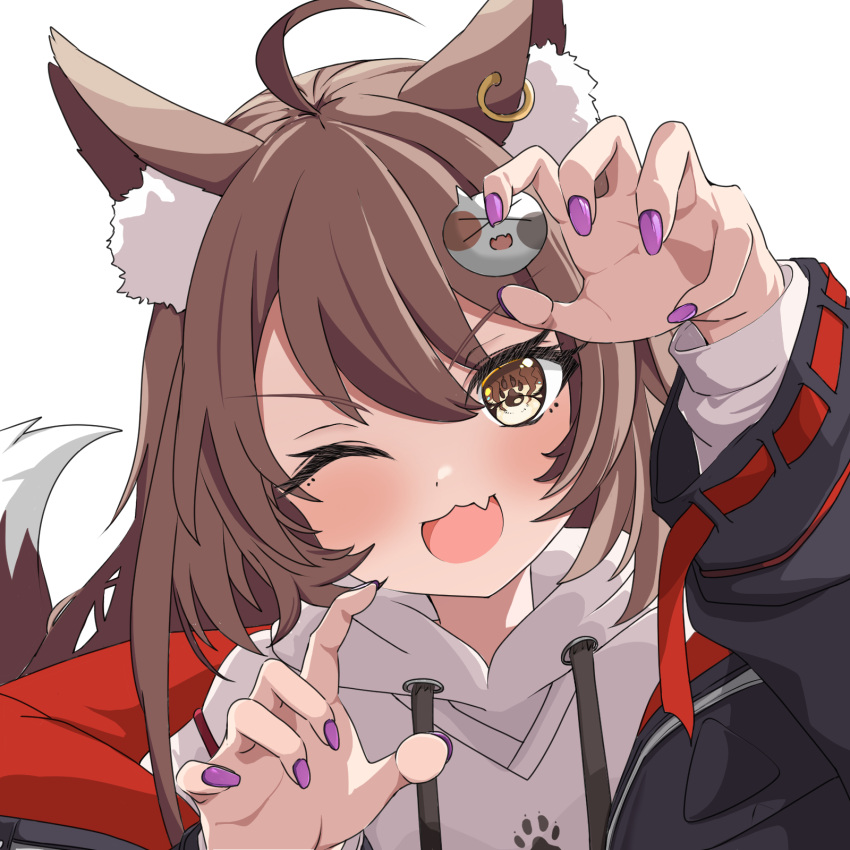 1girl, ;d, animal_ears, animal_hair_ornament, black_jacket, brown_eyes, brown_hair, claw_pose