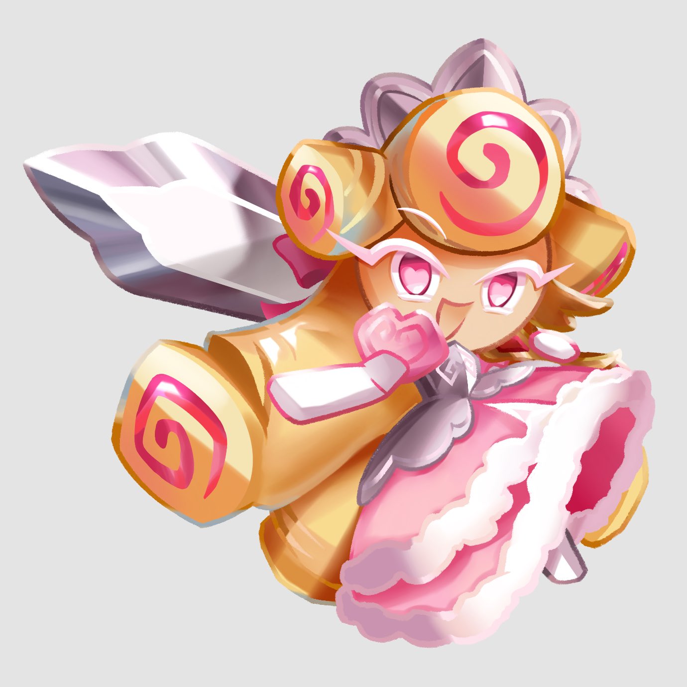 1girl, :d, armor, blonde_hair, commentary_request, cookie_run, cookie_run:_kingdom, dress, dzv_412-qrit, elbow_gloves, full_body, fur-trimmed_dress, fur_trim, gloves, grey_background, heart, heart_in_eye, highres, holding, holding_sword, holding_weapon, kouign-amann_cookie, long_dress, long_hair, multicolored_hair, no_pupils, official_style, open_mouth, pink_dress, pink_eyes, pink_hair, puffy_short_sleeves, puffy_sleeves, short_sleeves, simple_background, smile, solo, streaked_hair, sword, sword_behind_back, symbol_in_eye, tiara, two-tone_hair, very_long_hair, weapon, weapon_behind_back, white_gloves