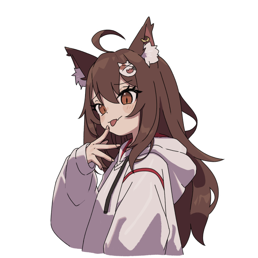 1girl, :p, absurdres, animal_ear_fluff, animal_ears, animal_hair_ornament, brown_eyes, brown_hair, fang, fang_out, finger_to_mouth, fox_ears, fox_girl, ghostfox9, highres, hood, hood_down, hoodie, lepuslive, long_hair, long_sleeves, looking_at_viewer, oni_kitsune_(ghostfox9), simple_background, skin_fang, tongue, tongue_out, virtual_youtuber, white_background, white_hoodie