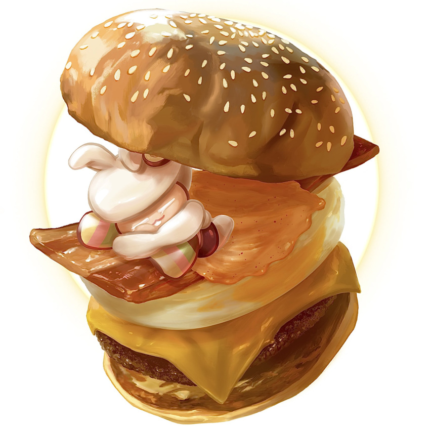 1girl, :3, animal_ears, bacon, brown_shorts, buck_teeth, burger, cheese, closed_eyes, closed_mouth, commentary_request, cookie_run, dzv_412-qrit, food, full_body, hat, highres, long_sleeves, moon_rabbit, moon_rabbit_cookie, oversized_food, oversized_object, rabbit_ears, rabbit_tail, shirt, shorts, simple_background, solo, striped_clothes, striped_shirt, tail, teeth, white_background, white_hat, white_tail