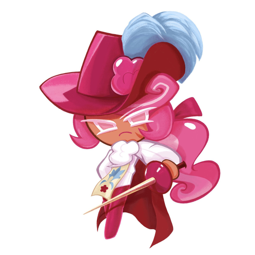 1boy, androgynous, closed_mouth, commentary_request, cookie_run, curly_hair, dzv_412-qrit, feathers, frown, full_body, hat, highres, holding, holding_polearm, holding_weapon, lance, long_hair, long_sleeves, looking_at_viewer, low_ponytail, male_focus, no_pupils, official_style, pants, pink_eyes, pink_hair, pink_hat, pink_pants, polearm, ponytail, raspberry_mousse_cookie, shirt, simple_background, solo, weapon, white_background, white_shirt