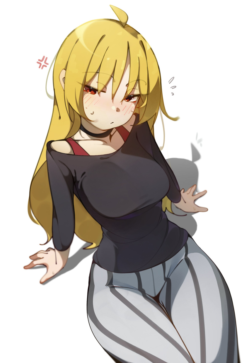 1girl, absurdres, ahoge, angry, black_shirt, blonde_hair, blush, bocchi_the_rock!
