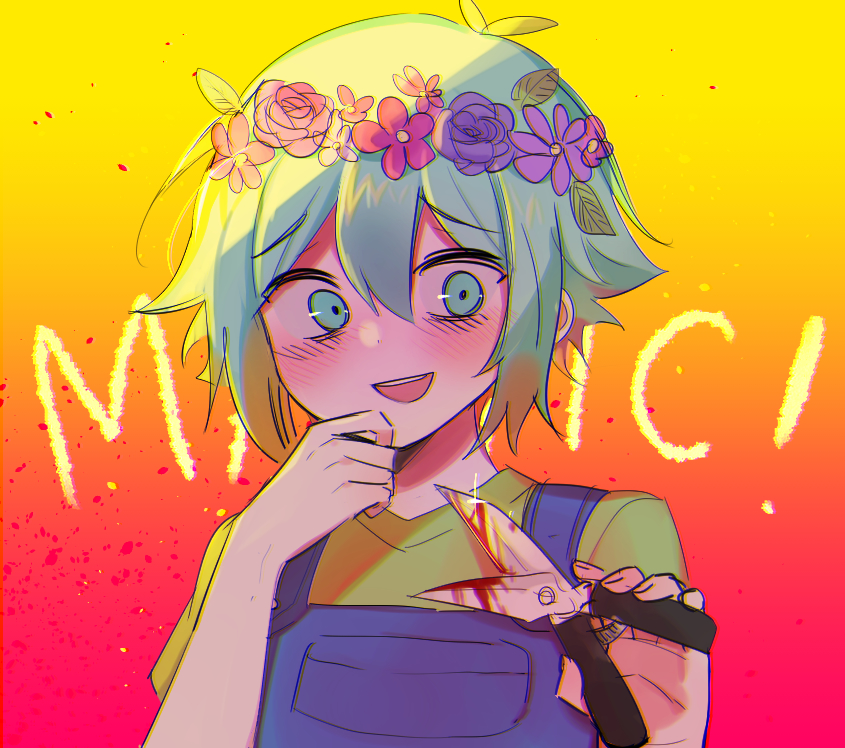 1boy, :d, antenna_hair, aqua_eyes, aqua_hair, basil_(headspace)_(omori), basil_(omori), blood, blue_overalls, blush, commentary_request, double-parted_bangs, english_text, fingernails, flower_wreath, gardening_shears, gradient_background, green_shirt, griffin333, hair_between_eyes, hand_on_own_chin, hands_up, holding, male_focus, omori, open_mouth, overalls, portrait, red_background, shears, shirt, short_hair, short_sleeves, simple_background, smile, solo, teeth, upper_teeth_only, yellow_background